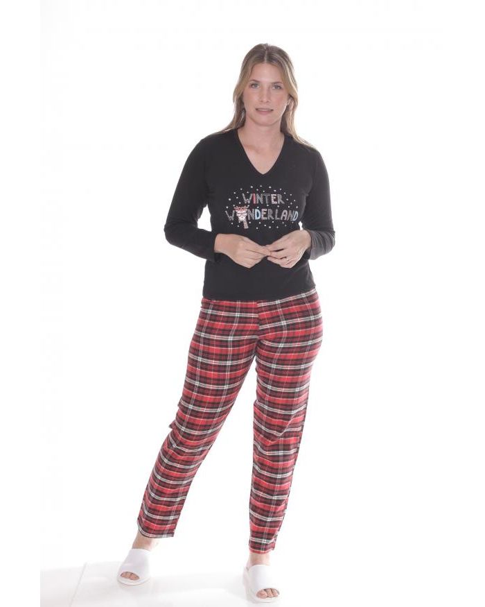 PIJAMAS PANTALON A CUAD  CON REMERA  CON ESTAMPA ESCOTE  EN V