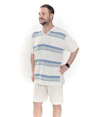 PIJAMA HOMBRE Remera RAYAD. Escote en V  CON SHORT